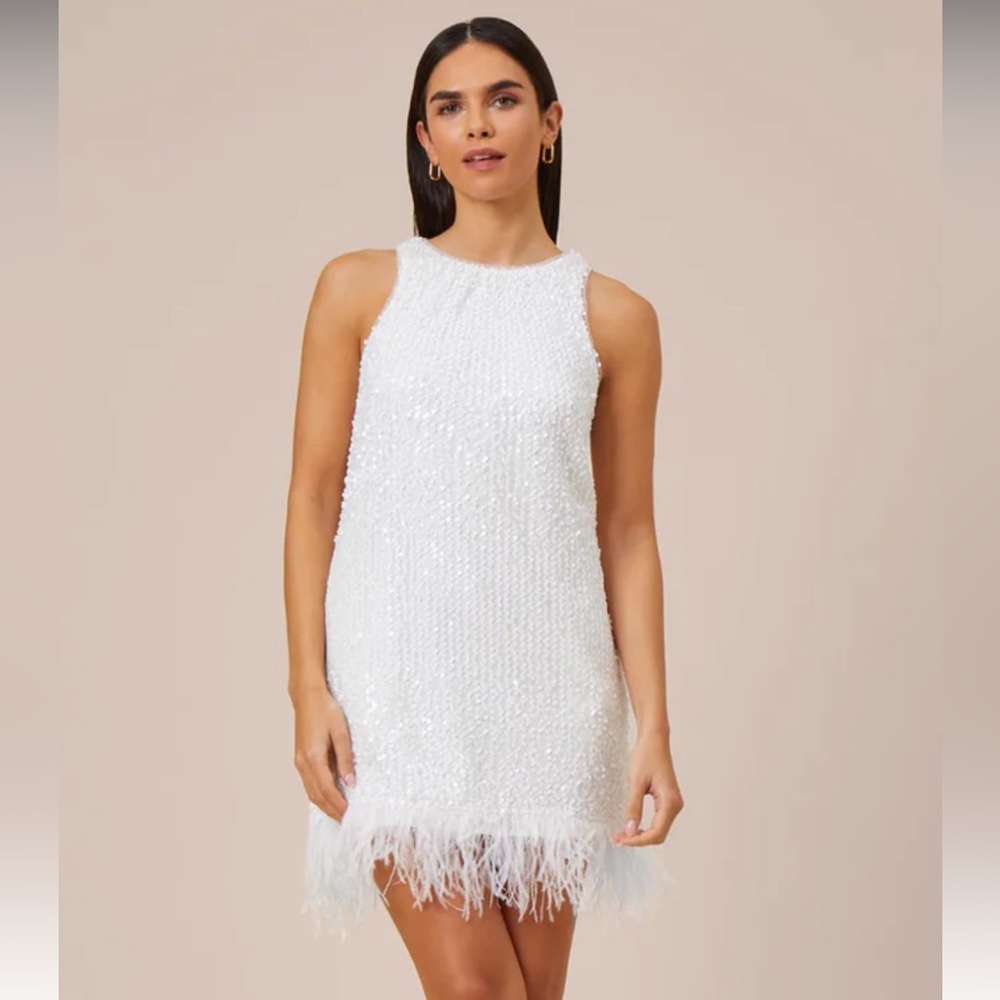 BRIDAL RECEPTION DRESS SIZE 8 WHITE SEQUIN & FEATHERS// AIDEN BY ADRIANNA PAPELL